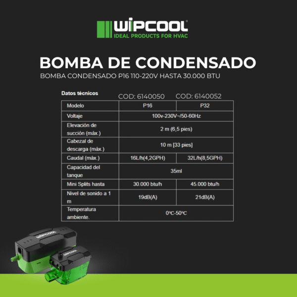 Bomba de Condensado P16 110V-220V hasta 30.000 BTU Wipcool Negra - Image 4